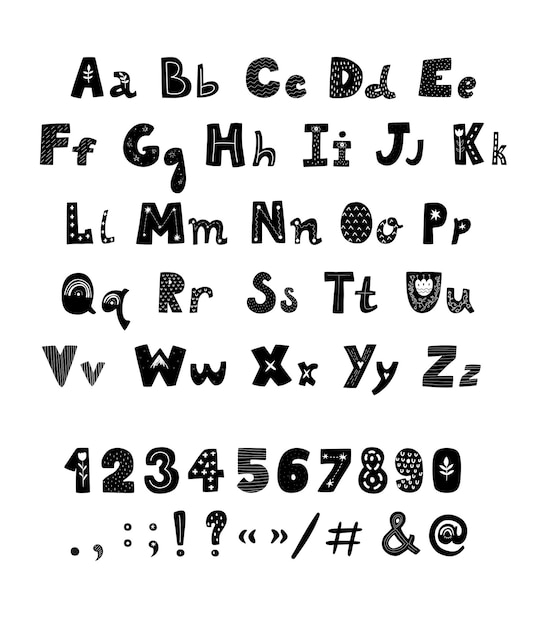 Vettore alfabeto di stile scandinavo di vettore,. poster vivaio in bianco e nero con lettere, numeri e simboli disegnati a mano. abc