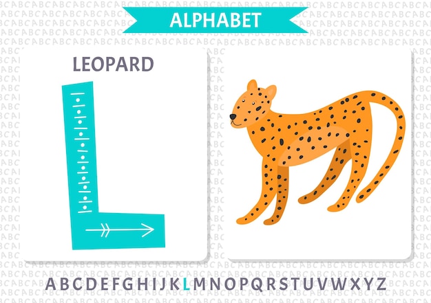 Vector scandinavisch alfabet cartoon kinderalfabet handgetekend ontwerp om letters te leren uitstekend voor het ontwerpen van ansichtkaarten, posters, stickers enzovoort l leopard