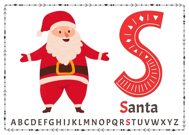 Vector Scandinavisch alfabet Cartoon kinderalfabet Handgetekend ontwerp om letters te leren Uitstekend voor het ontwerpen van ansichtkaarten, posters, stickers enzovoort S Santa