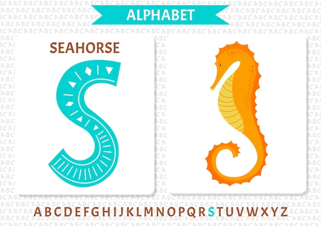 Vector scandinavisch alfabet cartoon kinderen alfabet hand getrokken ontwerp om letters te leren uitstekend voor het ontwerpen van ansichtkaarten, posters, stickers enzovoort s seahorse