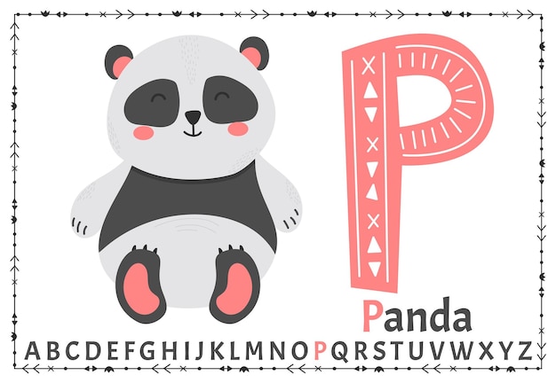 Vector Scandinavische alfabet Cartoon kinderen alfabet Hand getekend ontwerp om letters te leren Uitstekend voor het ontwerpen van ansichtkaarten, posters, stickers enzovoort P panda