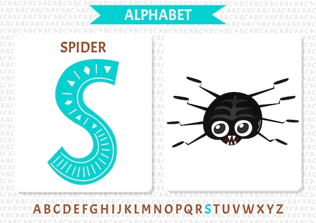 Vector vector scandinavische alfabet cartoon kinderen alfabet hand getekend trendy ontwerp om letters te leren uitstekend geschikt voor het ontwerpen van ansichtkaarten, posters, stickers enzovoort s spider