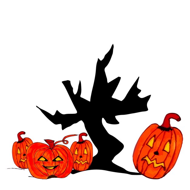 Vettore zucche spaventose vettoriali e terribile albero secco icona doodle di halloween espressioni facciali terribili giorno di halloween spettrale illustrazione d'arte persona horror elementi per adesivo copertina carte