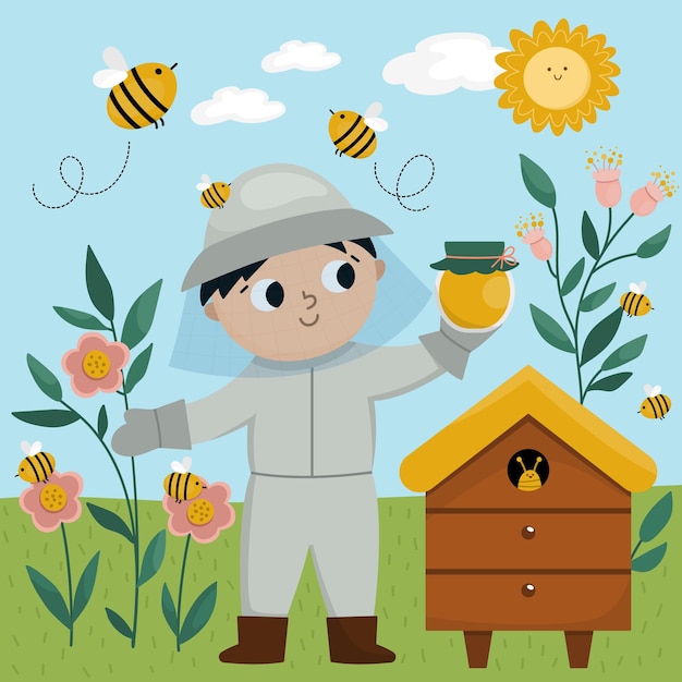 Векторная сцена с пчеловодом, медовая банка, пчелиный улей. Милый ребенок, выполняющий сельскохозяйственные работы. Иконка сельского фермера.