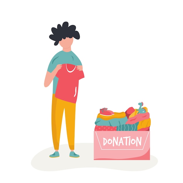 Vector vector scene with a boy giving goods for charity cardboard box full of clothing toys shoes flat design