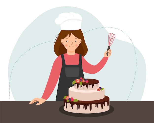 Vector vector scene with a cook in the kitchen woman cook preparing cake with berries