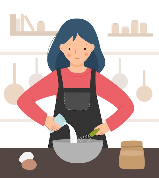 Vector scene with a cook in the kitchen Woman cooking Chef woman Vector flat illustartion