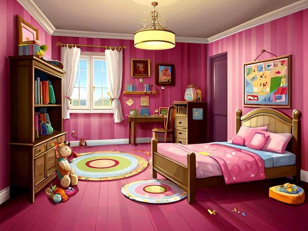 Vector vector scene with many kids in the pink room isolated