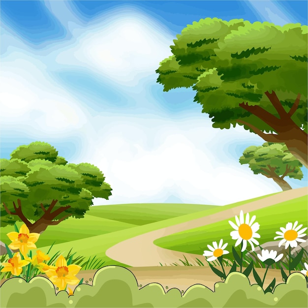 vector scenery mountains sun sky trees and grass
