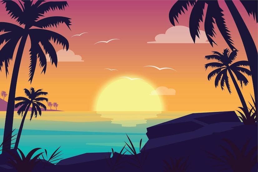 Premium Vector | Vector scenery of sunset on the beach