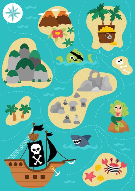 Vector schateiland kaart met piratenschip zeemeermin octopus Leuke tropische zee-eilanden met zand palmbomen vulkaan rotsen waterval illustratie Schateiland foto met borst gouden muntenxA