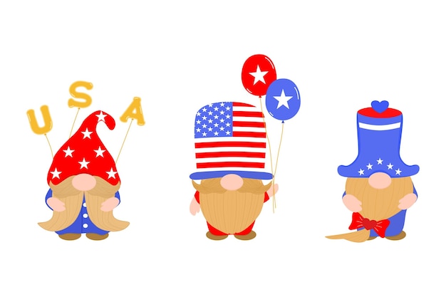 Vector schattig 3 Gnome dragen Amerikaans kostuum concept USA ontwerp Clip art bundel