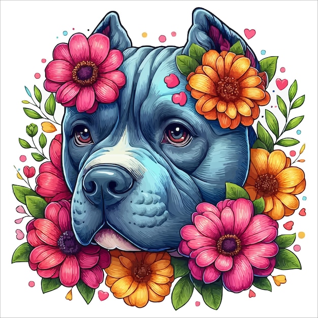 Vector schattig kleurrijke pitbull hond hoofd met bloemen aan de zijkant