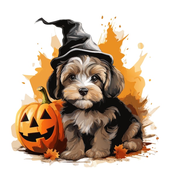 Vector schattige hond met hoed glimlachend halloween pompoenen met hond aquarel vector hond en pompoenen op witte achtergrond