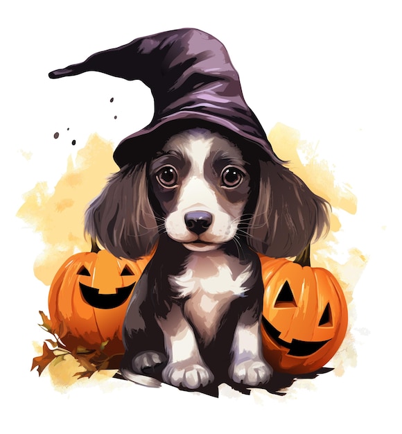 Vector schattige hond met hoed glimlachend halloween pompoenen met hond aquarel vector hond en pompoenen op witte achtergrond