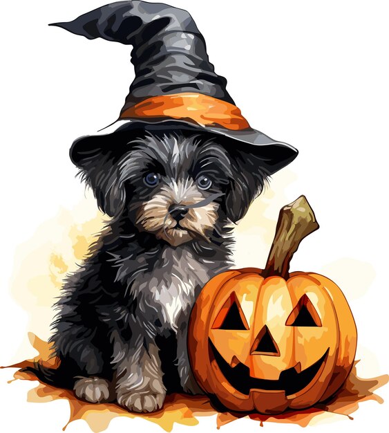 vector schattige hond met hoed met pompoenhond en hefboom o lantaarn halloween in de herfstvector op witte achtergrondkleur