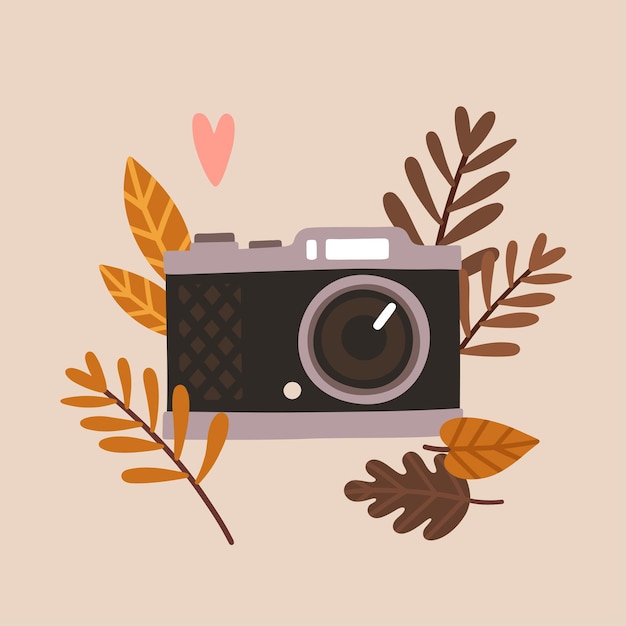 Vector vector schattige illustratie met vintage camera en bos herfstbladeren