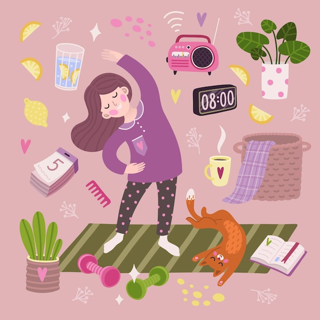Vector schattige illustratie set met meisje dat ochtendoefeningen, kat en ochtendroutine-elementen doet