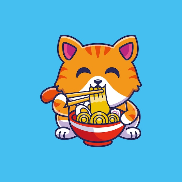 vector schattige kat die ramen noodle cartoon vectorillustratie eet. dierlijk voedselconcept