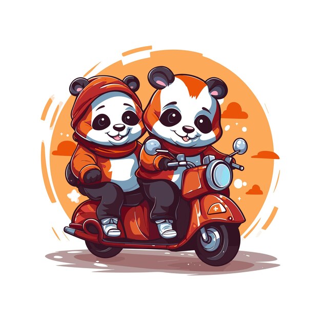 vector schattige panda en rode panda scooter rijden