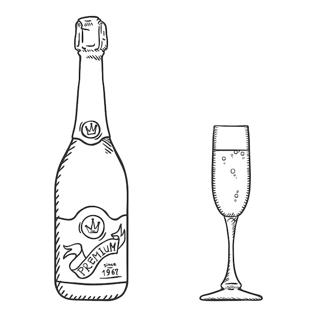 Vector schets illustratie champagne fles en glas