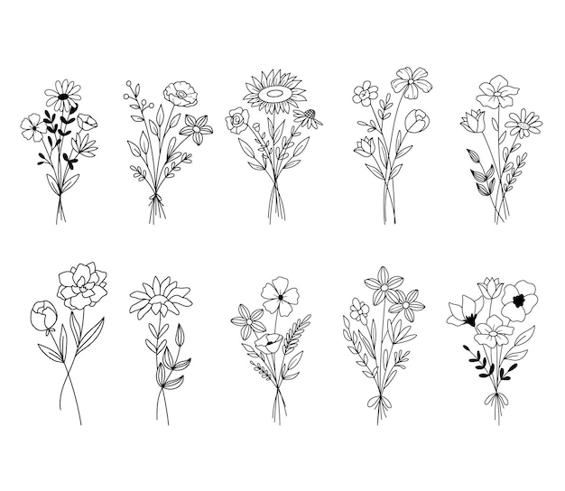Vector vector schets illustratie van boeket bloemen set van wilde bloemen in doodle stijl geïsoleerd op wit lente of zomer schets schattig boeketten collectie