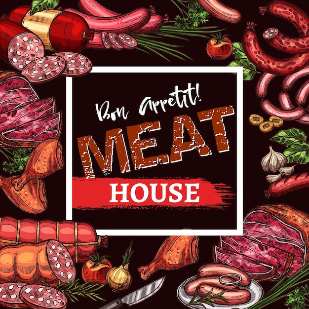 Vector schets poster voor vlees huis delicatessen