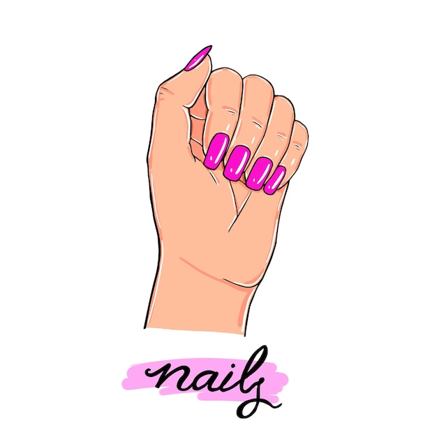 Vector schets van een vrouwelijke hand met roze nagels Vrouwelijke handmanicure