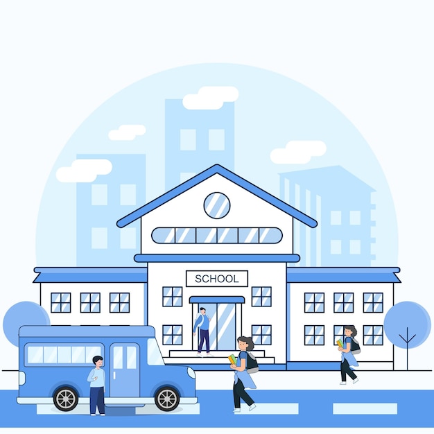 Vector School Bus and School Building Illustration