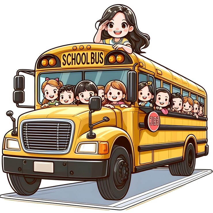 Vector of school bus with kids peeking out on a white background