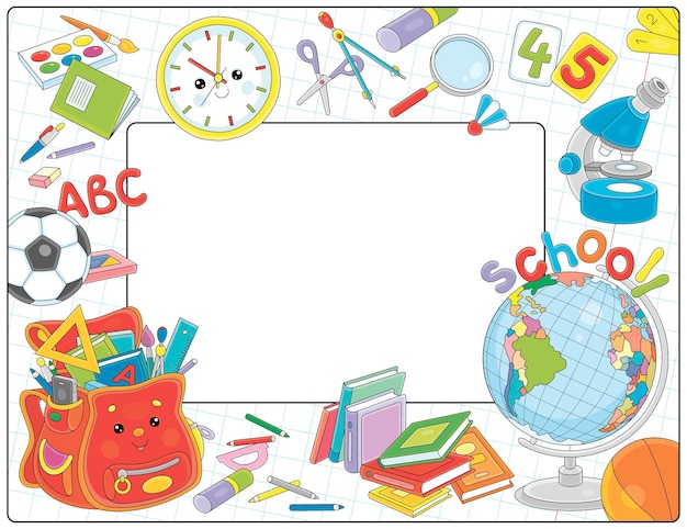 Vector school frame grens met een grappige cartoon schooltas globe klok leerboeken en ballen