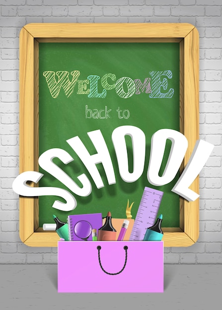 Vector School poster Welkom terug op school concept met school benodigdheden op groen krijtbord op grunge achtergrond