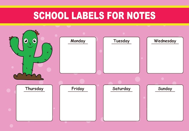 Vector vector school schedule timetable empty template weekly planer with notes cactus color vector