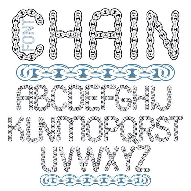 ベクトル スクリプト、モダンなアルファベット文字セット。接続されたチェーン リンクを使用して作成された大文字の装飾フォント。