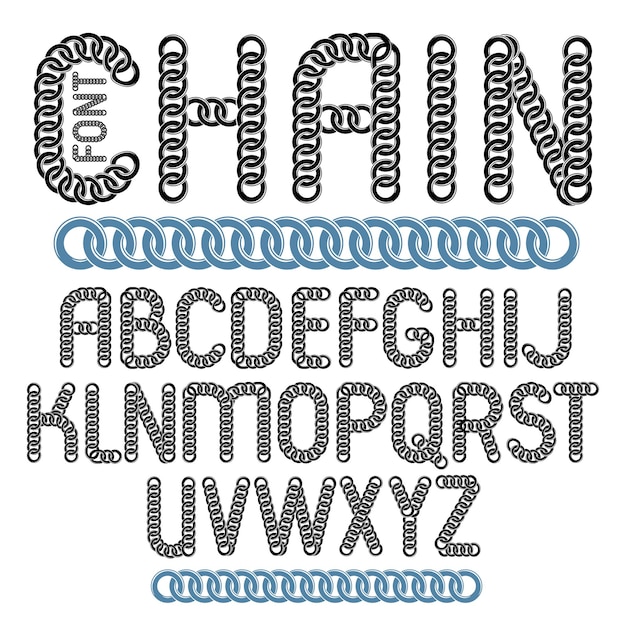 Vector script, moderne Alfabetletters set. Kapitaal creatief lettertype gemaakt met ijzeren ketting, gekoppelde verbinding.