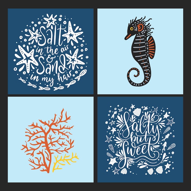 Carte di mare vettoriali con animali marini disegnati a mano e lettere decorate