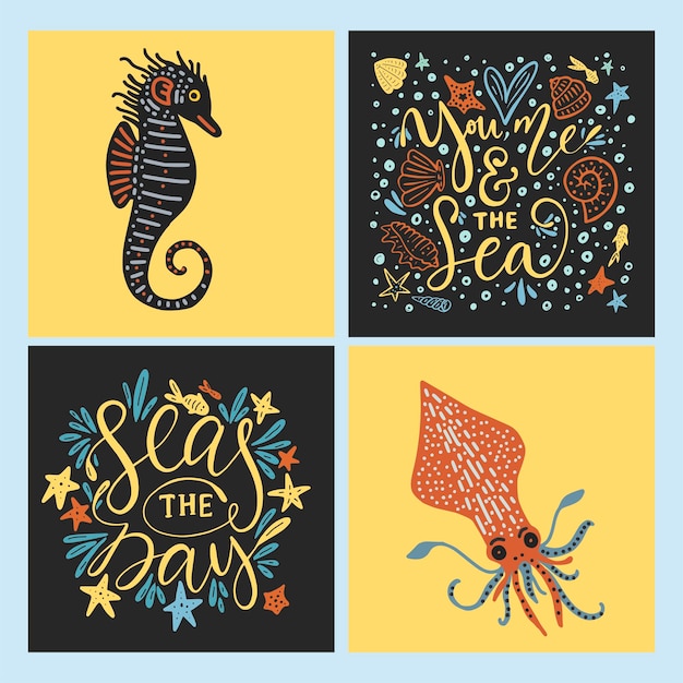 Vector vector sea cards set with handdrawn sea animals and ornate lettering pieces