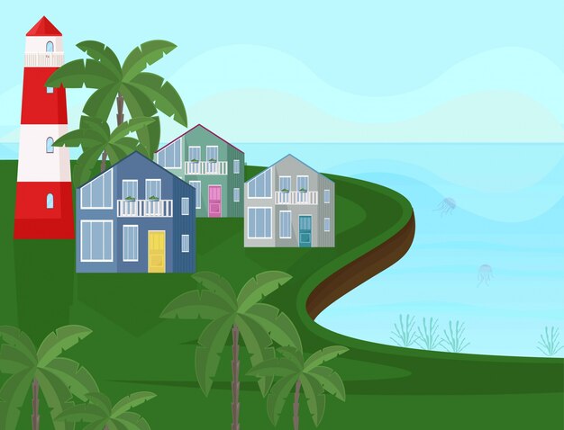 Vector vector sea coast view. seaside with palm trees backgrounds