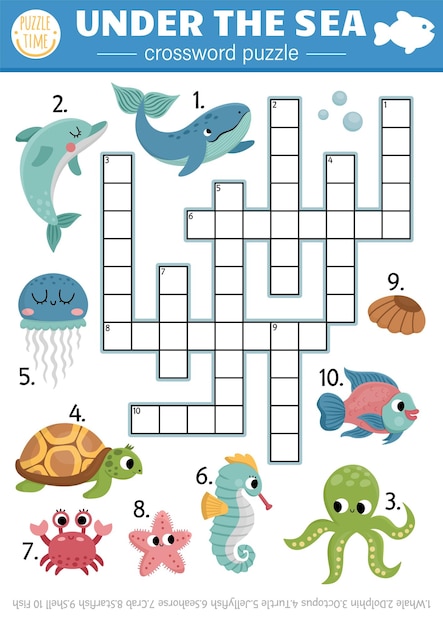 Vector vector under the sea crossword puzzle for kids simple ocean life quiz with for children educational marine activity with fish water animals whale dolphin octopus cute cross wordxa