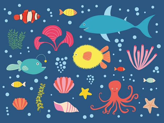 ベクトル海の魚フラット スタイル セットさまざまな種類の魚や海藻セットサメアンコウフグタコカクレクマノミ貝殻サンゴ礁の魚藻類とヒトデ
