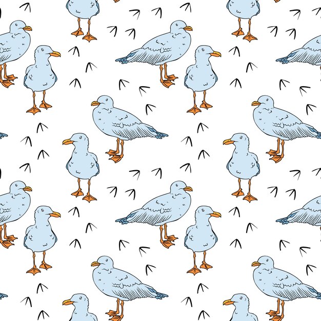 ベクトル カモメ パターン 青い海の鳥と足音の背景 イラスト