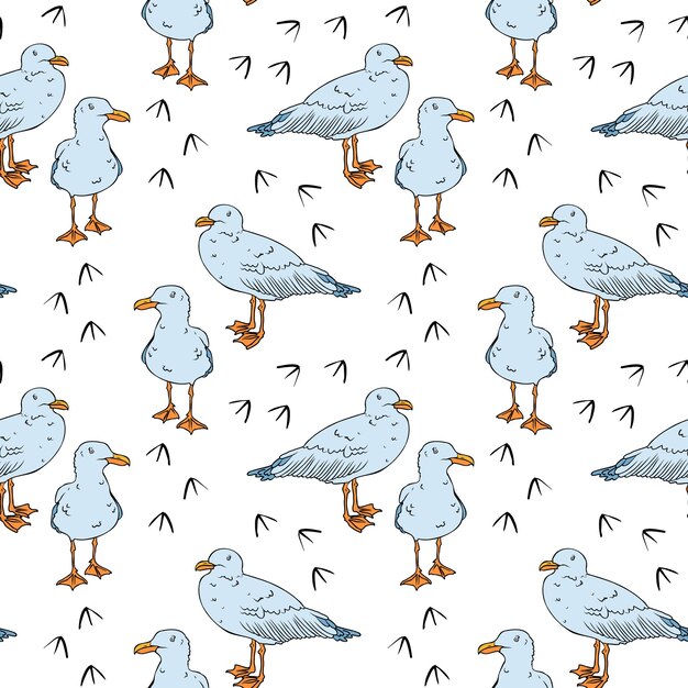 Vector sea gulls pattern Blue sea birds and footsteps background Illustration