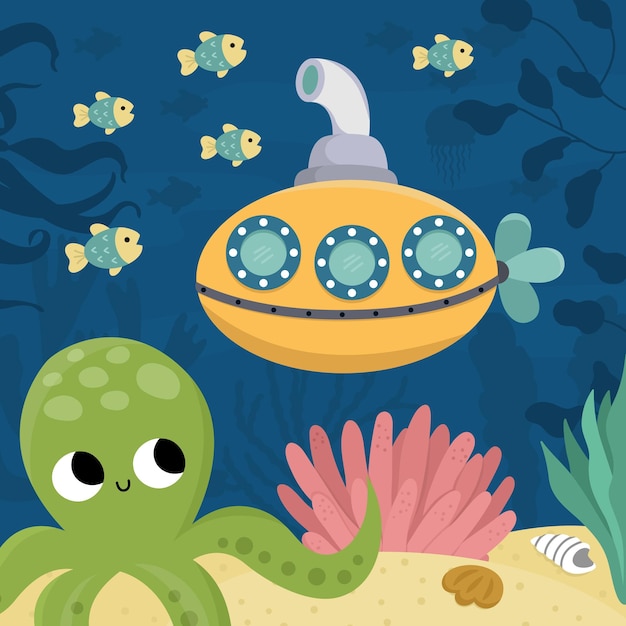 Vector under the sea landscape illustration with octopus and submarine Ocean life scene with sand seaweeds corals reefs Cute square water nature background Aquatic picture for kidsxA