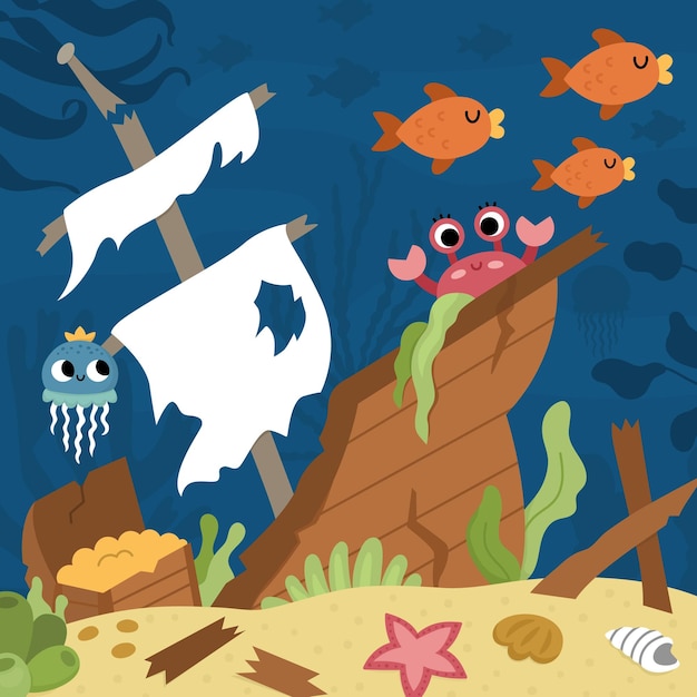 Vector under the sea landscape illustration with wrecked ship and treasure chest Ocean life scene with sand seaweeds corals reefs Cute square water nature background Shipwreck picture for kidsxA