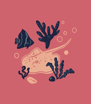 Manifesto di vita di mare di vettore con alghe o alghe di conchiglia di pesce angelo di pastinaca di coralli