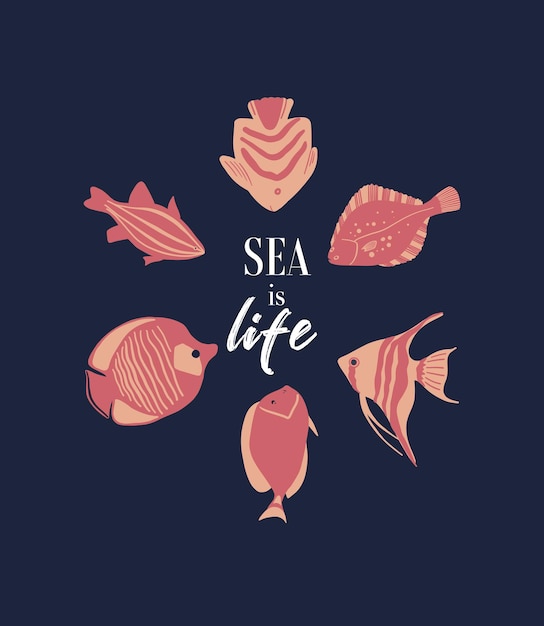 '바다는 생명'이라는 글자와 열대어가 있는 벡터 바다 생활 포스터. 만화 그림