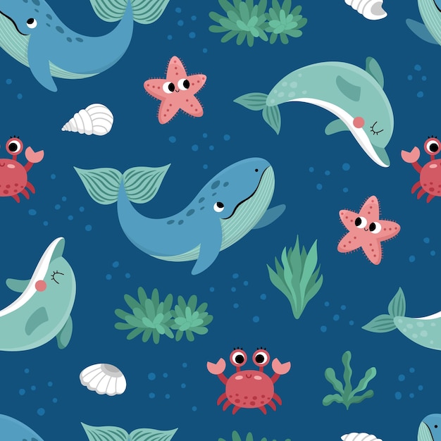 Vector under the sea seamless pattern Repeat background with dolphin whale star crab seaweeds Ocean life digital paper Funny water animals and weeds illustration with cute fishxA