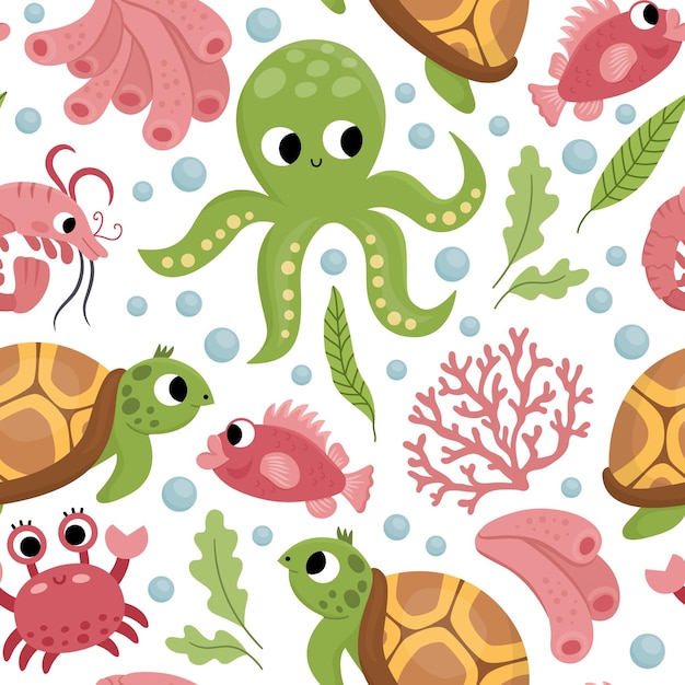 Vector vector under the sea seamless pattern repeat background with tortoise octopus corals crab ocean life digital paper funny water animals and weeds illustration with cute fishxa