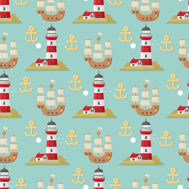 vector sea seamless pattern with lighthouse anchor and ship