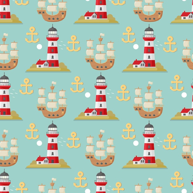 Vector sea seamless pattern with lighthouse anchor and ship